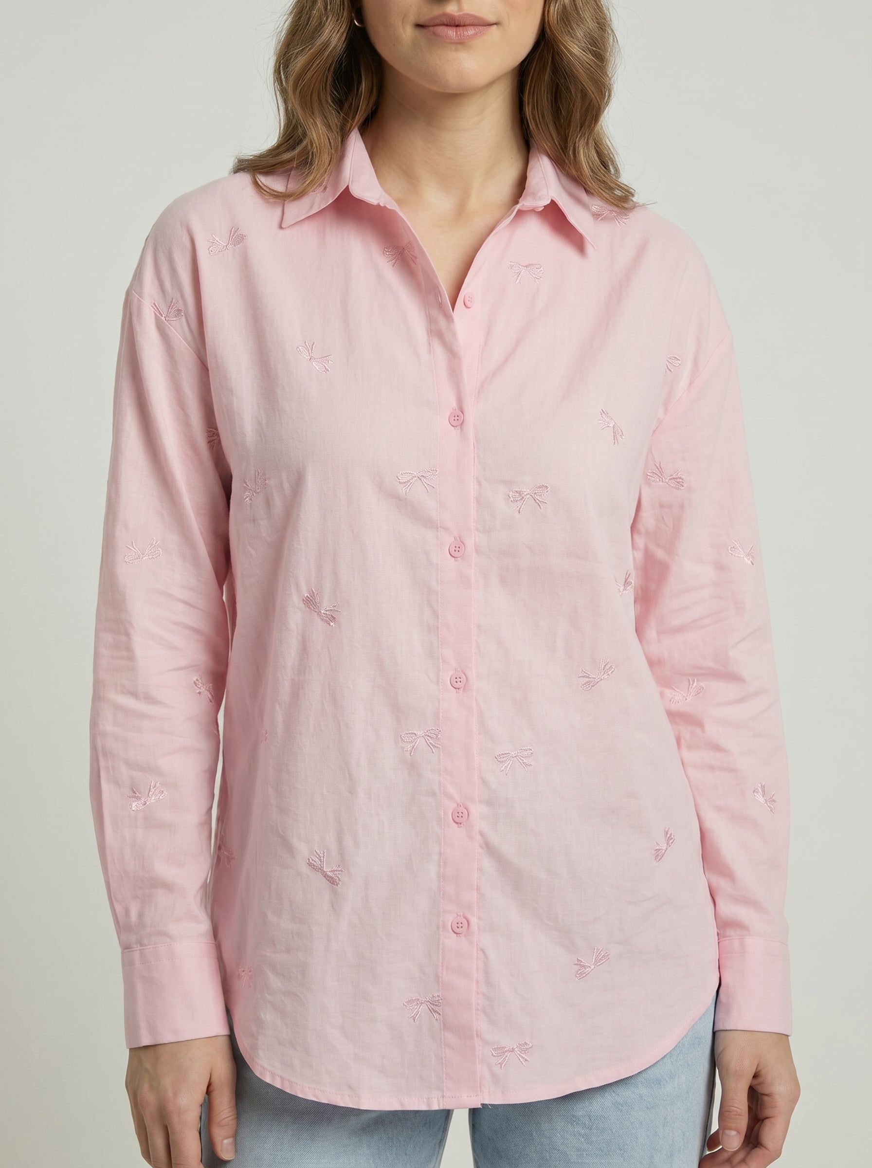 Camisa Social Feminina Bordado Laços
