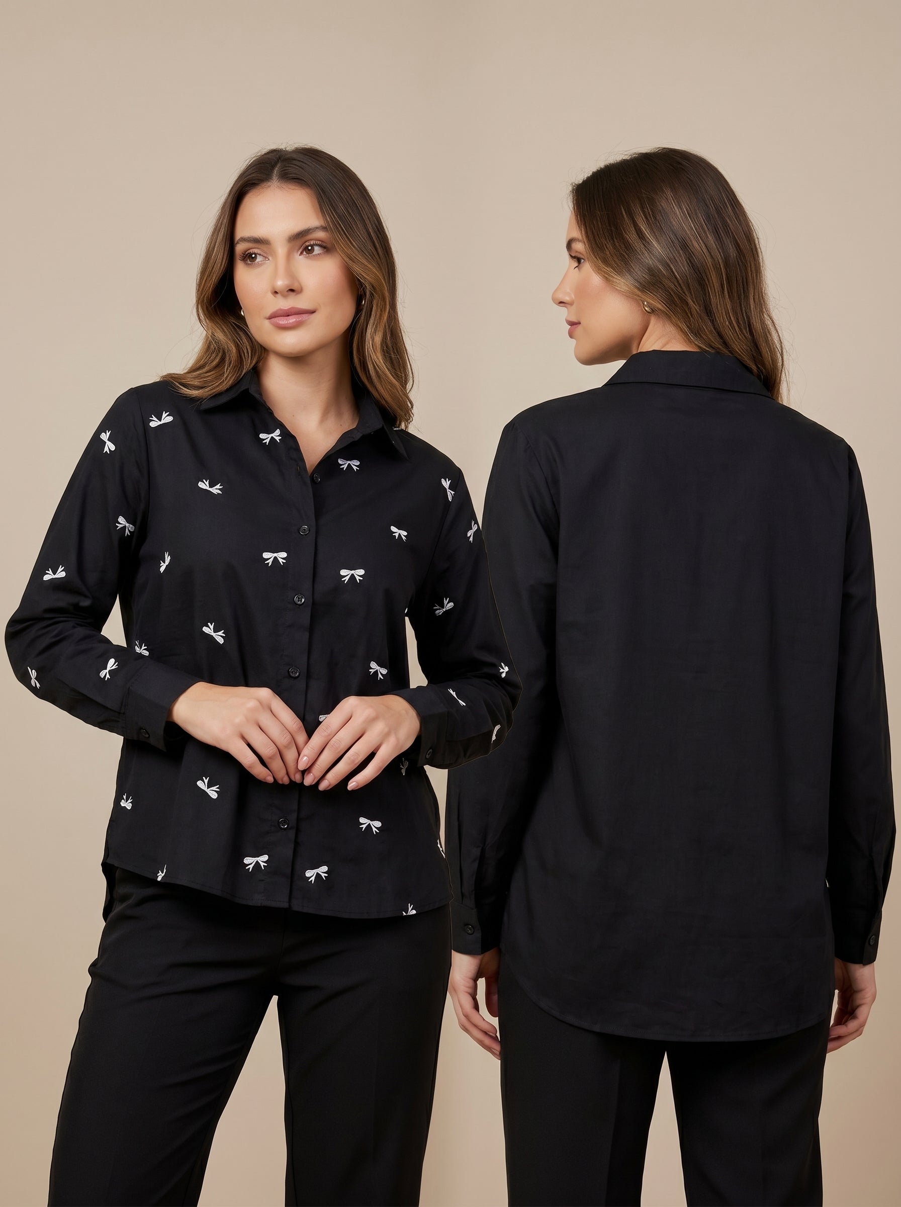 Camisa Social Feminina Bordado Laços