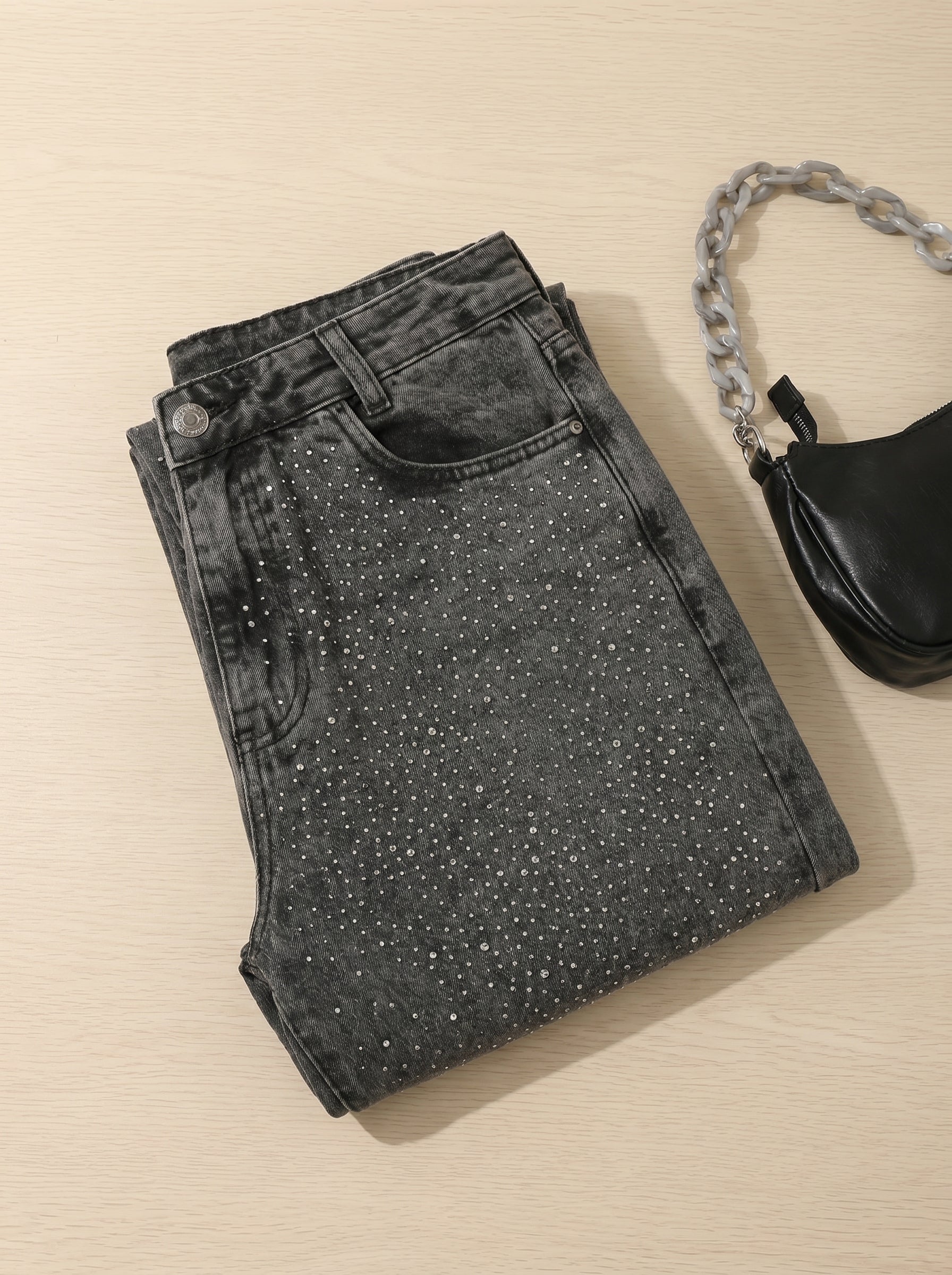 Calça Wide Leg Jeans com Brilhos
