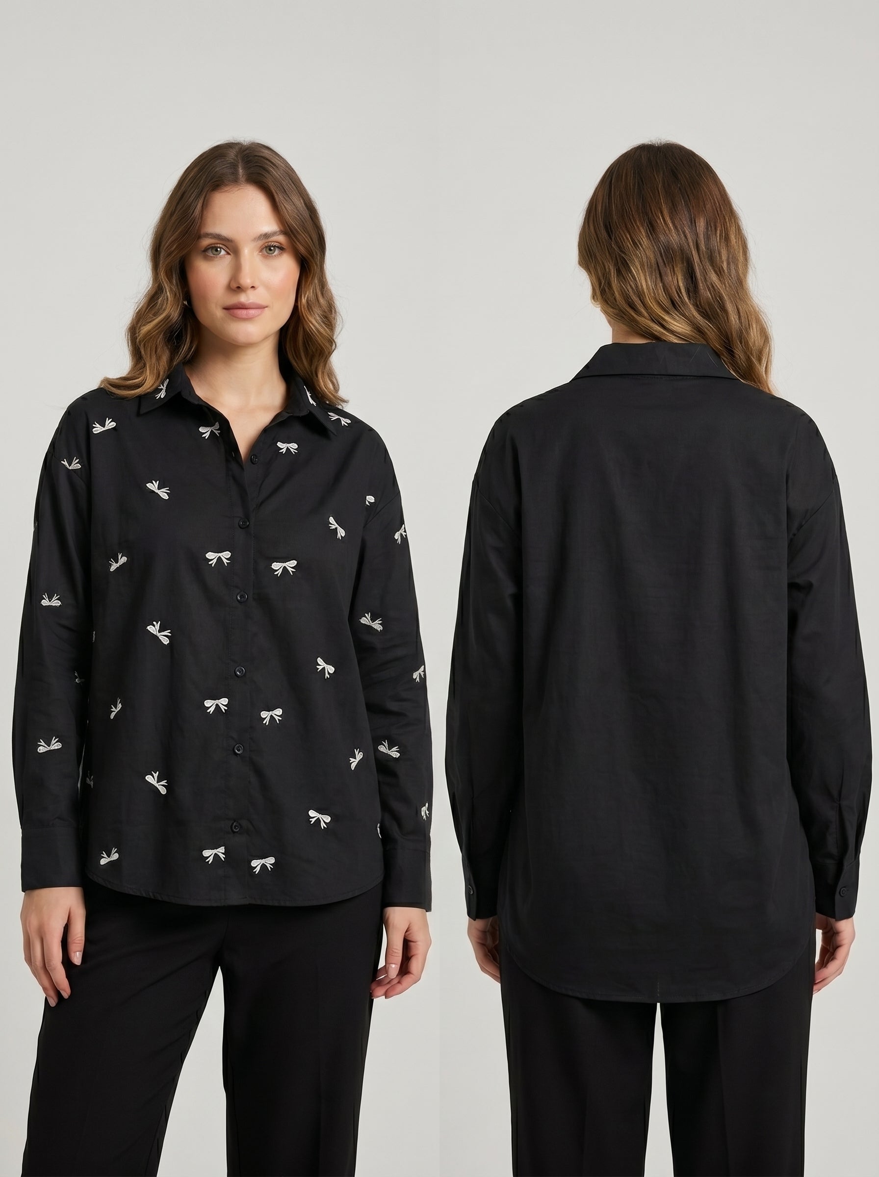 Camisa Social Feminina Bordado Laços