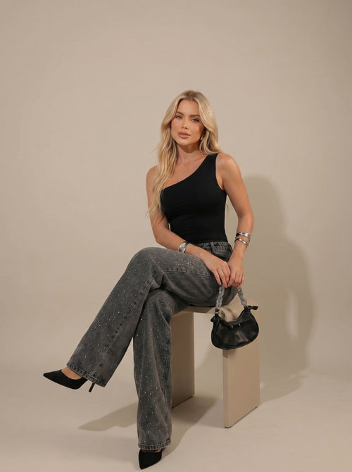 Calça Wide Leg Jeans com Brilhos
