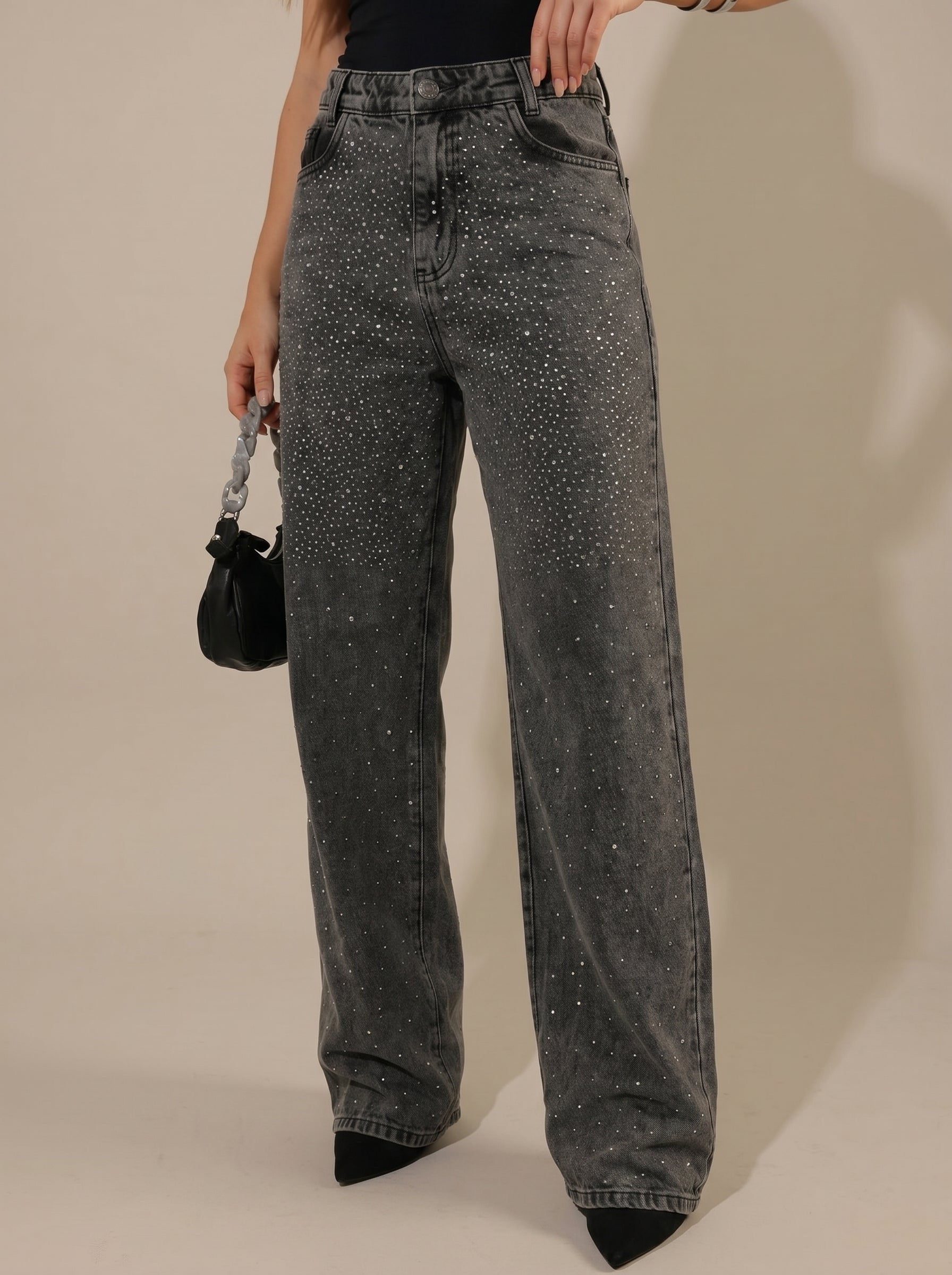 Calça Wide Leg Jeans com Brilhos